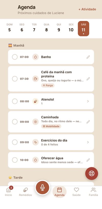 Tela da agenda de cuidados do dia